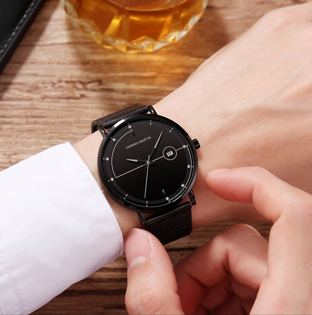 Top Men Quartz Watch With Japanese Movement Simple Blue Black Stainless Steel Mesh Belt Waterproof Travel Fashion Men Wristwatch