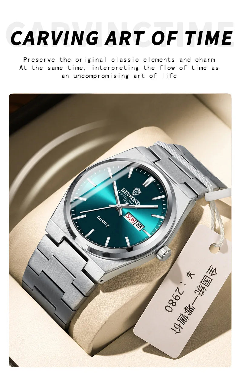 BINBOND Top Brand Luxury Men Quartz Watches Original Watch for Man Waterproof Luminous Date Week Stainless Steel Wristwatch Male
