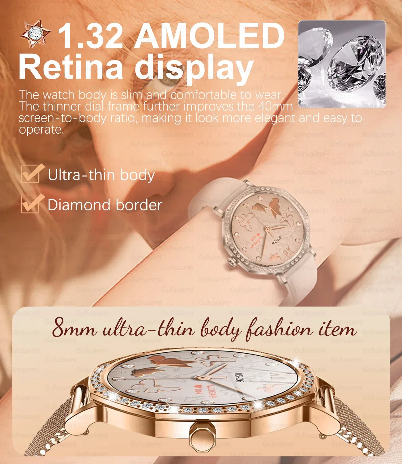 2025 New Ladies' Fashion Smartwatch Diamond Frame HD AMOLED Screen Bluetooth Call Health Monitoring Waterproof Smart Watch Gift - Wear444