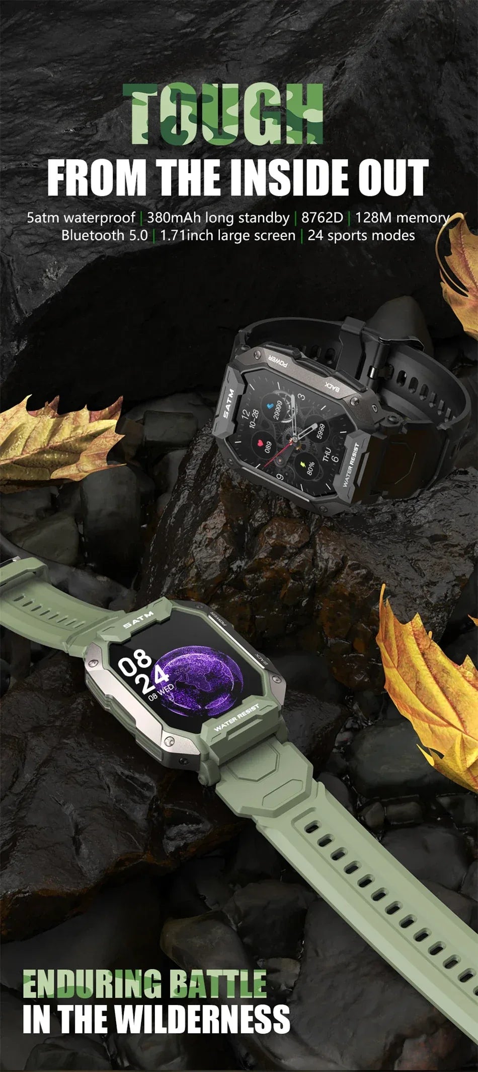 Military Smart Watch Men Carbon Black Ultra Army Outdoor 5ATM Waterproof Sports Smartwatch 2024 Heart Rate Blood Oxygen Monitor - Wear444