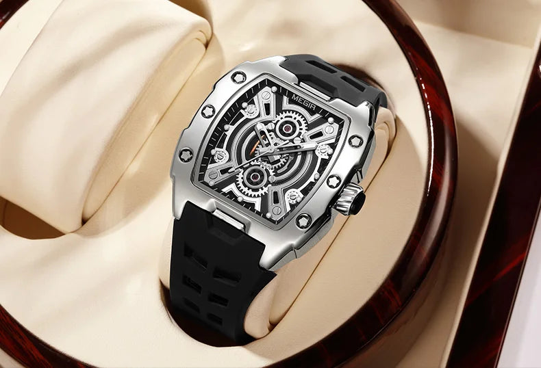 MEGIR Fashion Sport Quartz Watch for Men Tonneau Case Waterproof Luminous Hands Wristwatch with Silicone Strap Hollowed-out Dial