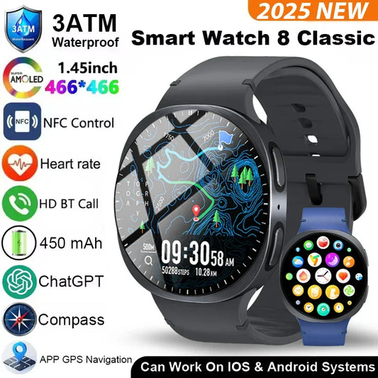 2025 New Smart Watch 8 Classic 46mm Ultra HD Screen ChatGPT GPS NFC Compass Clock Bluetooth Call Waterproof Smartwatch Men Women - Wear444