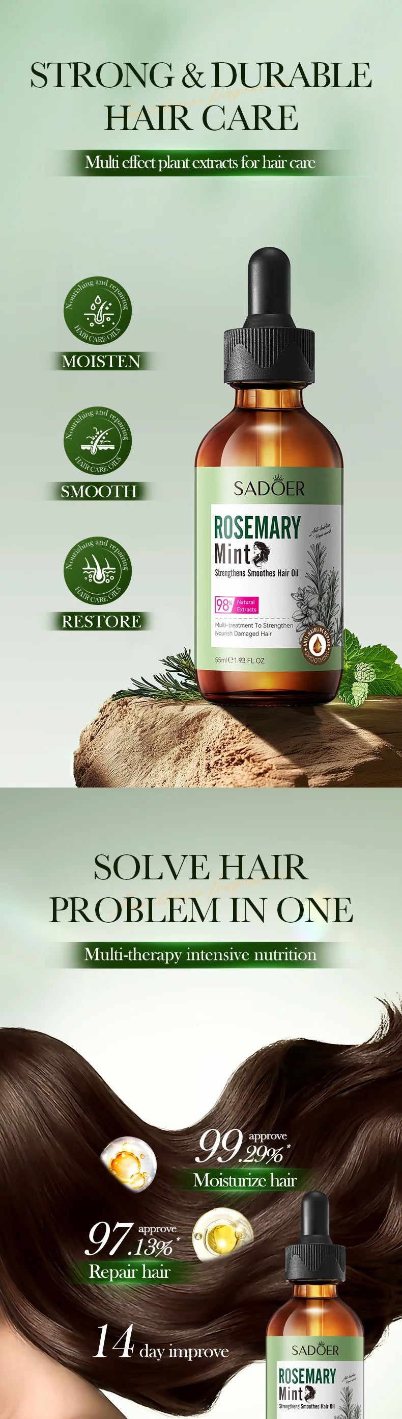 Hair Growth Essential Oil Rosemary Mint Hair Strengthening Oil Nourishing Treatment for Split Ends and Dry Organics Hair Care