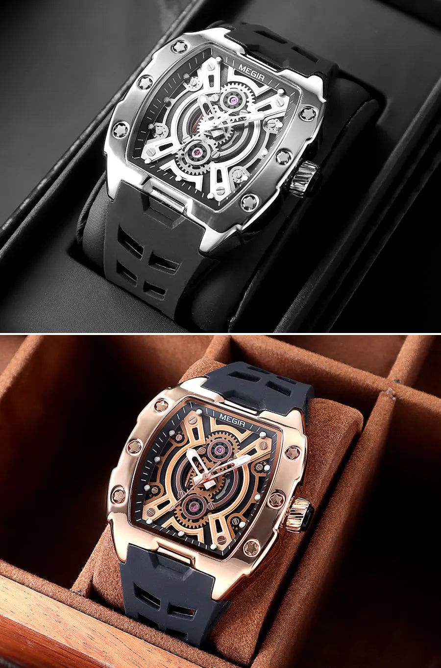 MEGIR Fashion Sport Quartz Watch for Men Tonneau Case Waterproof Luminous Hands Wristwatch with Silicone Strap Hollowed-out Dial