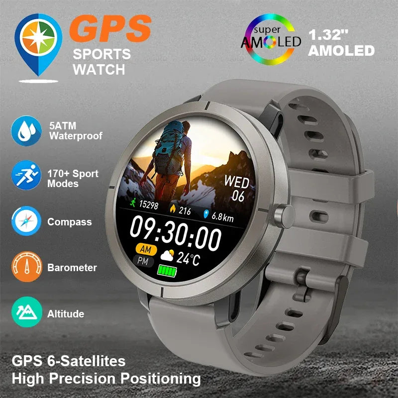 2026 GPS Smartwatch AMOLED 1.32" Military Watch Call 5ATM Waterproof 170 Sport Modes Smart Watch with Compass Barometer Altitude - Wear444