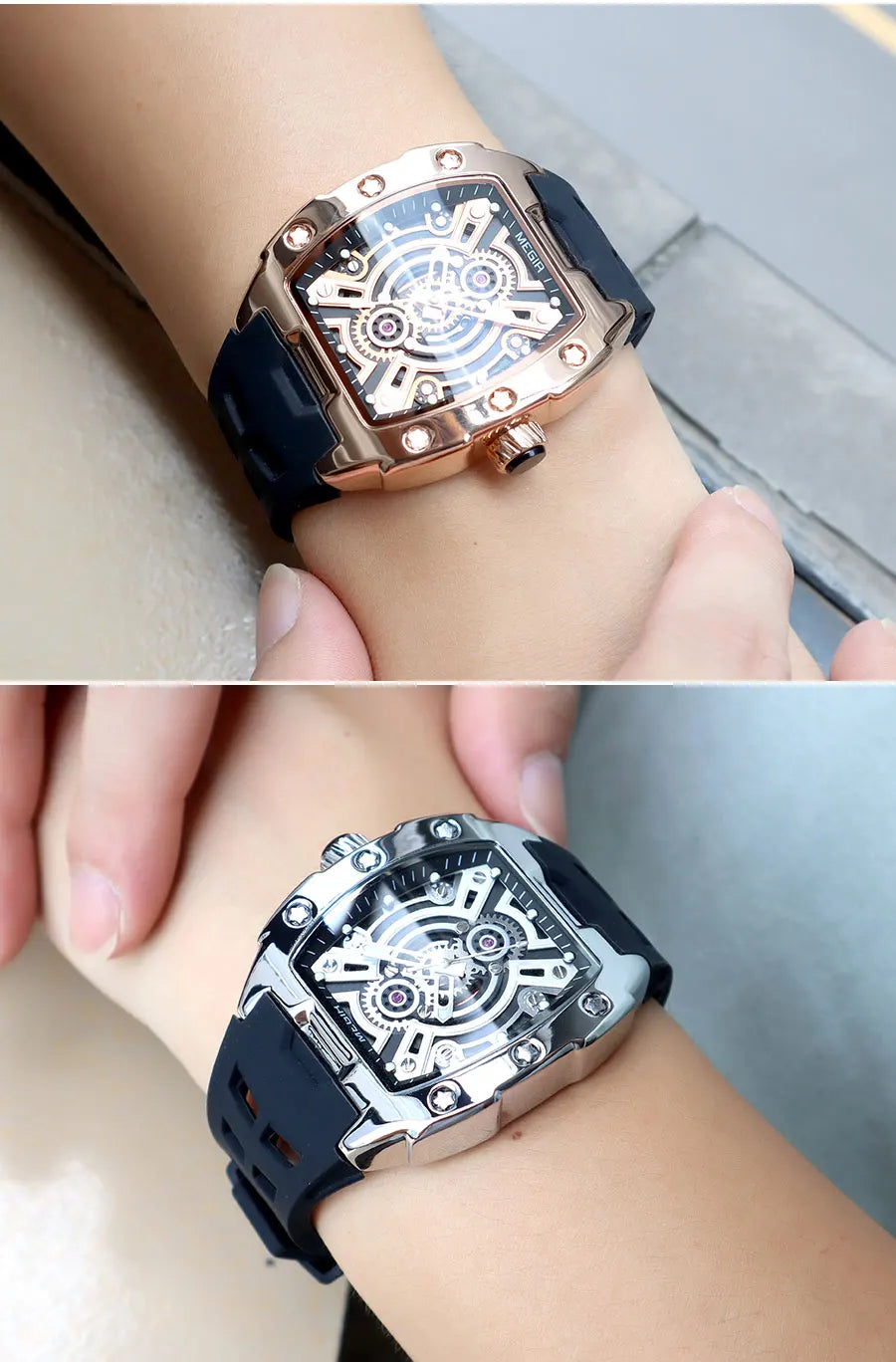 MEGIR Fashion Sport Quartz Watch for Men Tonneau Case Waterproof Luminous Hands Wristwatch with Silicone Strap Hollowed-out Dial