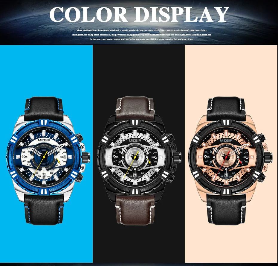 MEGIR Luxury Chronograph Watch - Leather Belt Luminous Sports Business