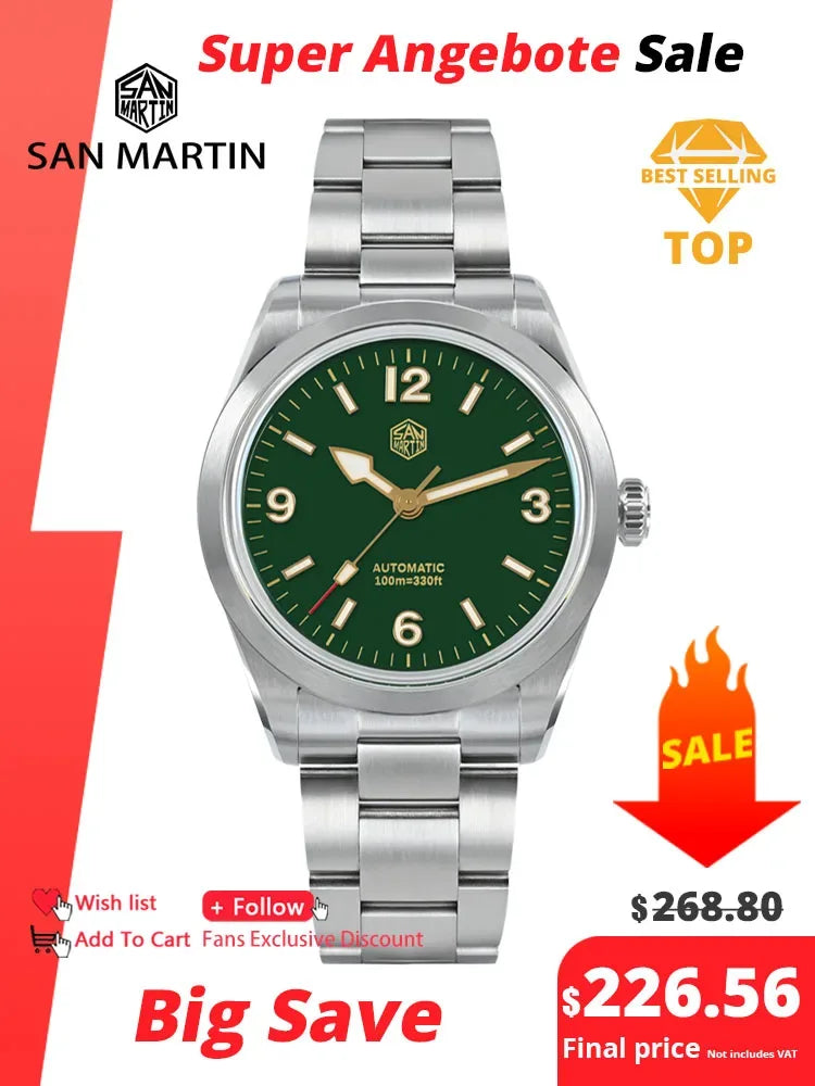 San Martin 38mm vintage enamel dial NH35 automatic watch hero shot — Wear444