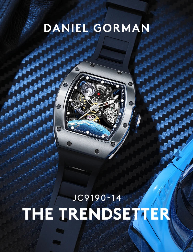 Men's Automatic Watches for Men Fashion Tonneau Mechanical Clock Earth Dial Waterproof Luxury Luminous Skeleton Mens WristWatch