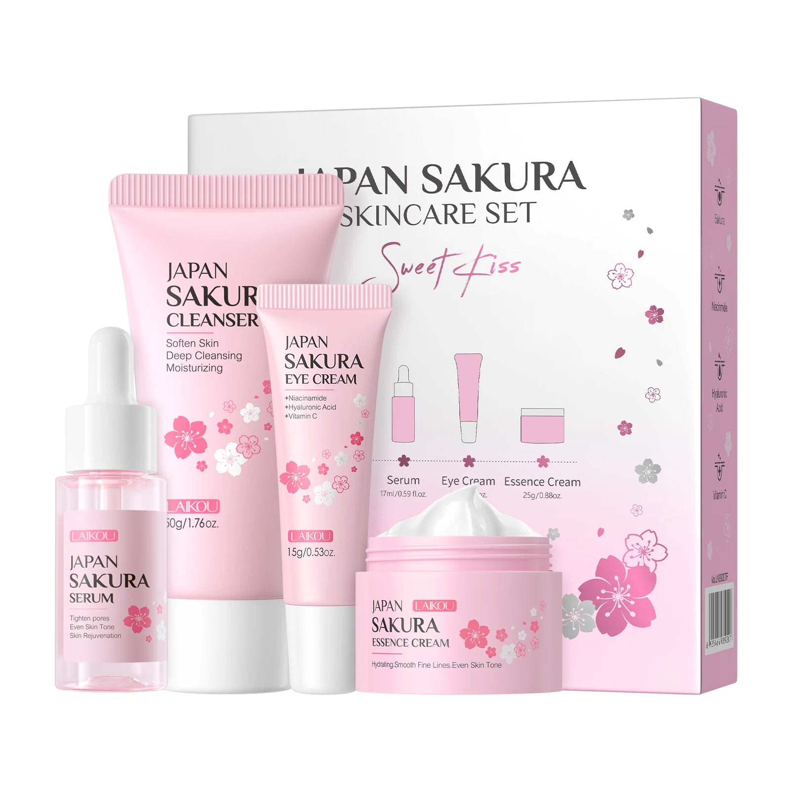 4pcs sakura skincare set mild non-irritating nourishing moisturizing cleanser serum eye cream face cream set
