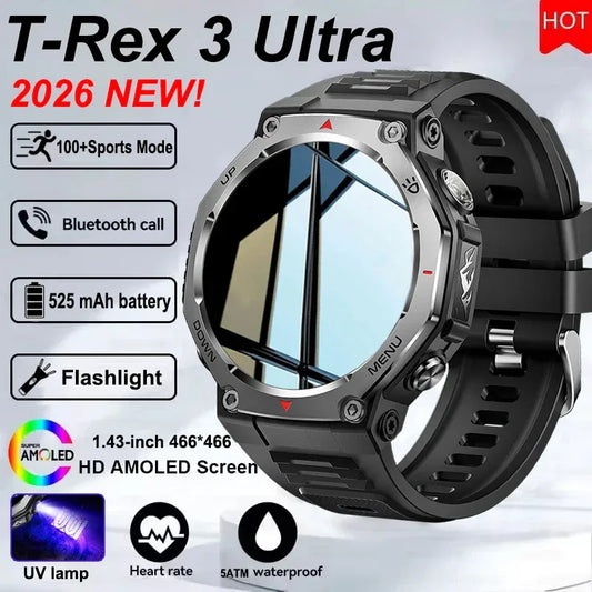 2026 New Outdoor Sports Smart Watch T-Rex 3 Ultra GPS Motion Track 5 ATM Waterproof Heart Rate HD Bluetooth Call Smart Watch Men - Wear444