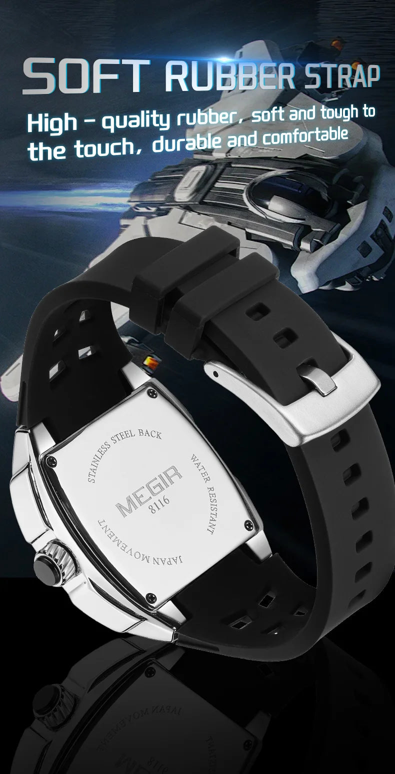 MEGIR Fashion Sport Quartz Watch for Men Tonneau Case Waterproof Luminous Hands Wristwatch with Silicone Strap Hollowed-out Dial