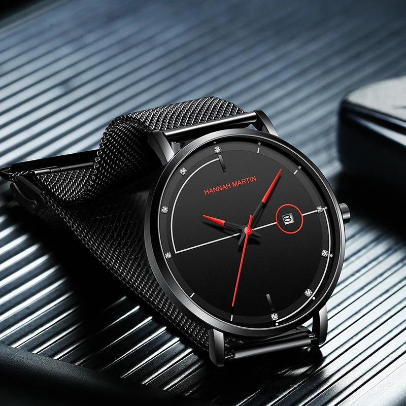 Top Men Quartz Watch With Japanese Movement Simple Blue Black Stainless Steel Mesh Belt Waterproof Travel Fashion Men Wristwatch