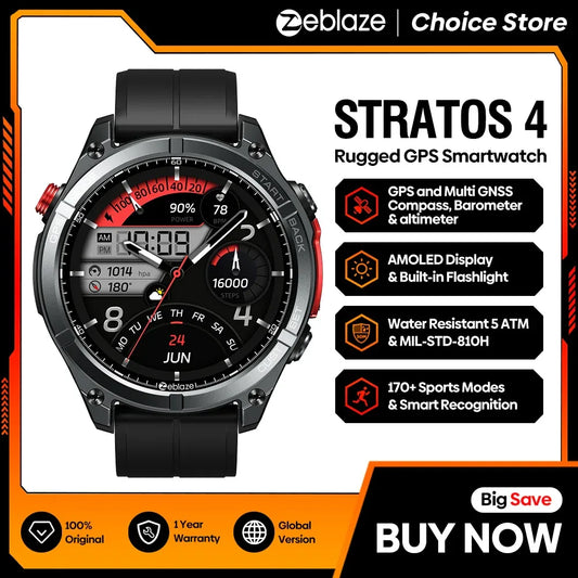 NEW 2025 Zeblaze Stratos 4 GPS Smartwatch 1.43" AMOLED Screen Compass Barometric Altimeter Flashlight Voice Calling Smart Watch - Wear444