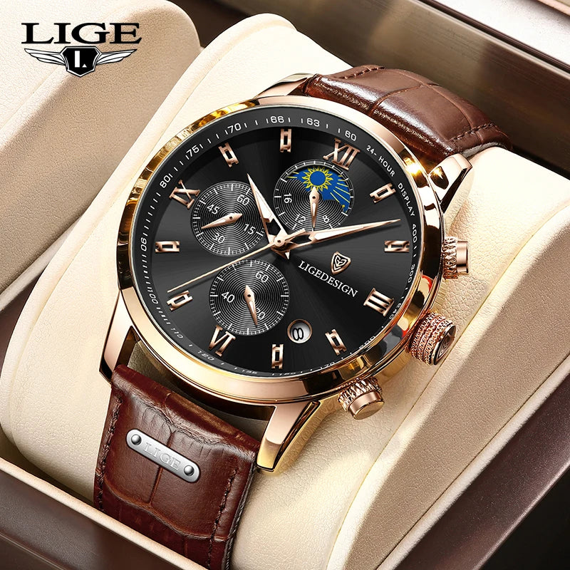 LIGE Men Watches Fashion Quartz Watch Tourbillon Clock Genuine Leather Waterproof Watch Men Military Wristwatch Man Reloj Hombre