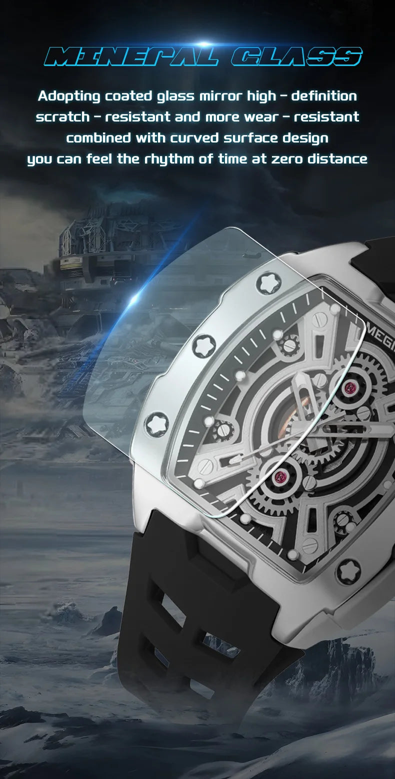 MEGIR Fashion Sport Quartz Watch for Men Tonneau Case Waterproof Luminous Hands Wristwatch with Silicone Strap Hollowed-out Dial