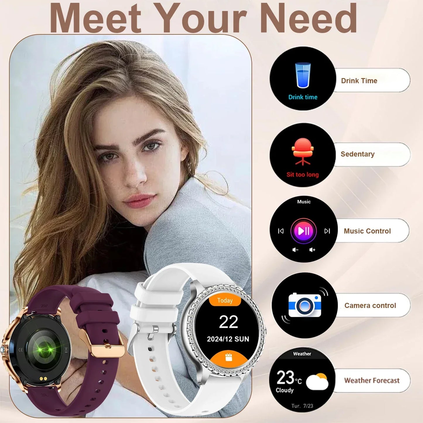 Smart Watch For women - 1.32" Touchscreen Fitness Tracker with Wireless Calls, Music Time Display, Step Counting - Wear444