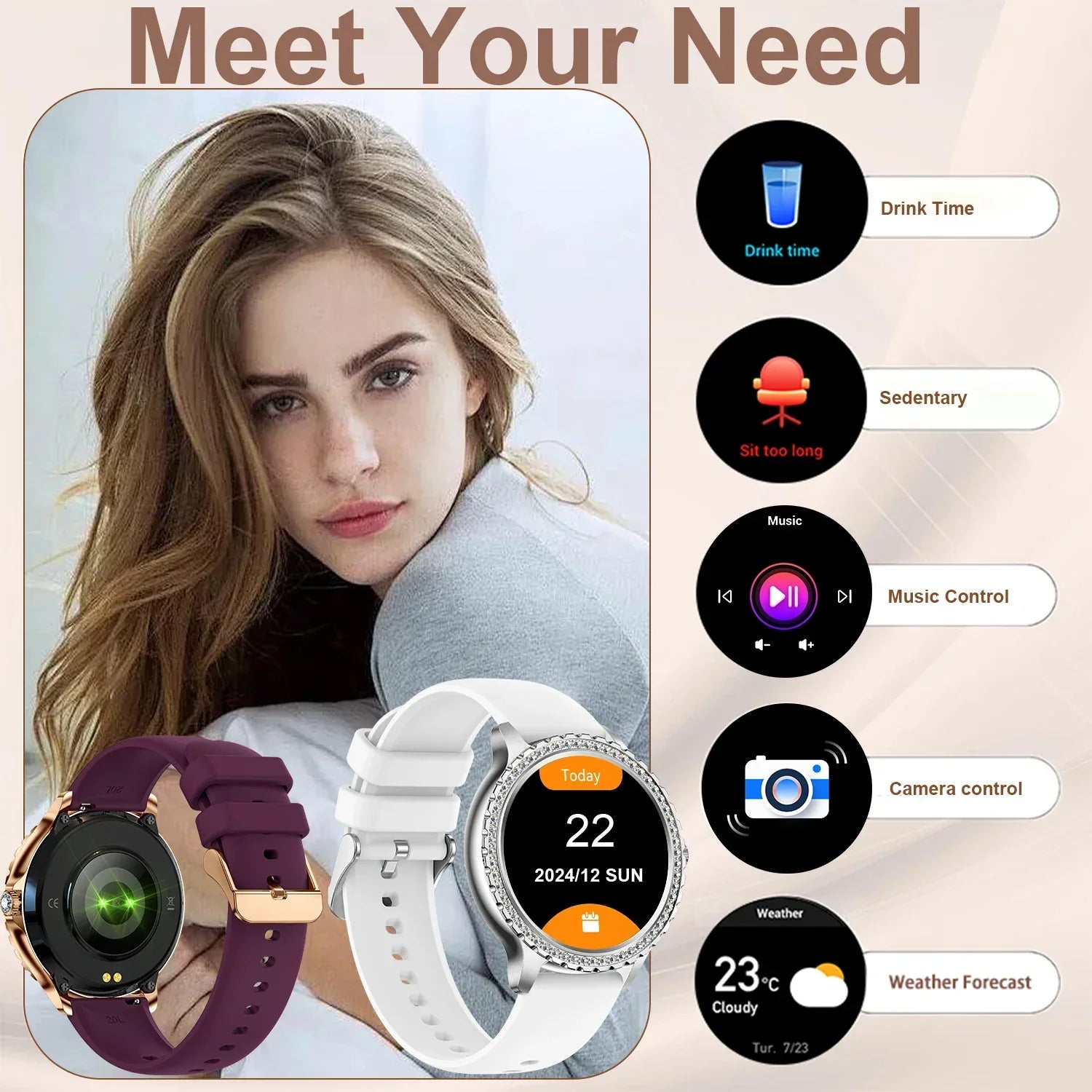 Smart Watch For women - 1.32" Touchscreen Fitness Tracker with Wireless Calls, Music Time Display, Step Counting - Wear444