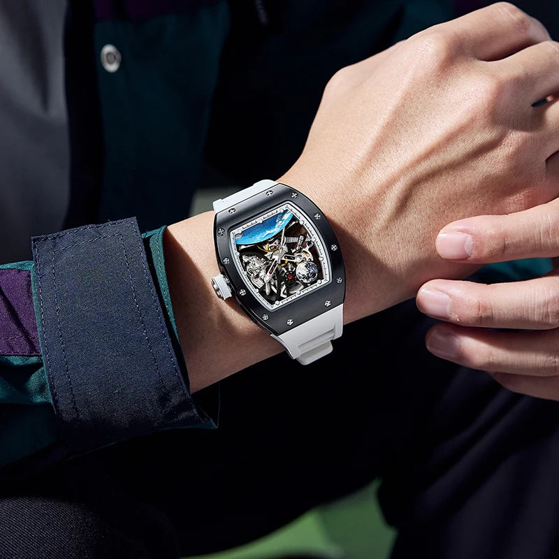 Men's Automatic Watches for Men Fashion Tonneau Mechanical Clock Earth Dial Waterproof Luxury Luminous Skeleton Mens WristWatch