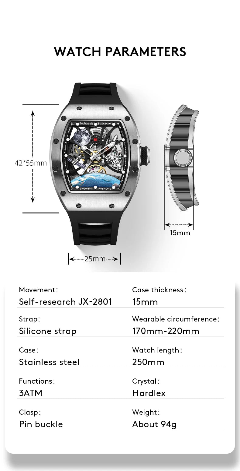 Men's Automatic Watches for Men Fashion Tonneau Mechanical Clock Earth Dial Waterproof Luxury Luminous Skeleton Mens WristWatch