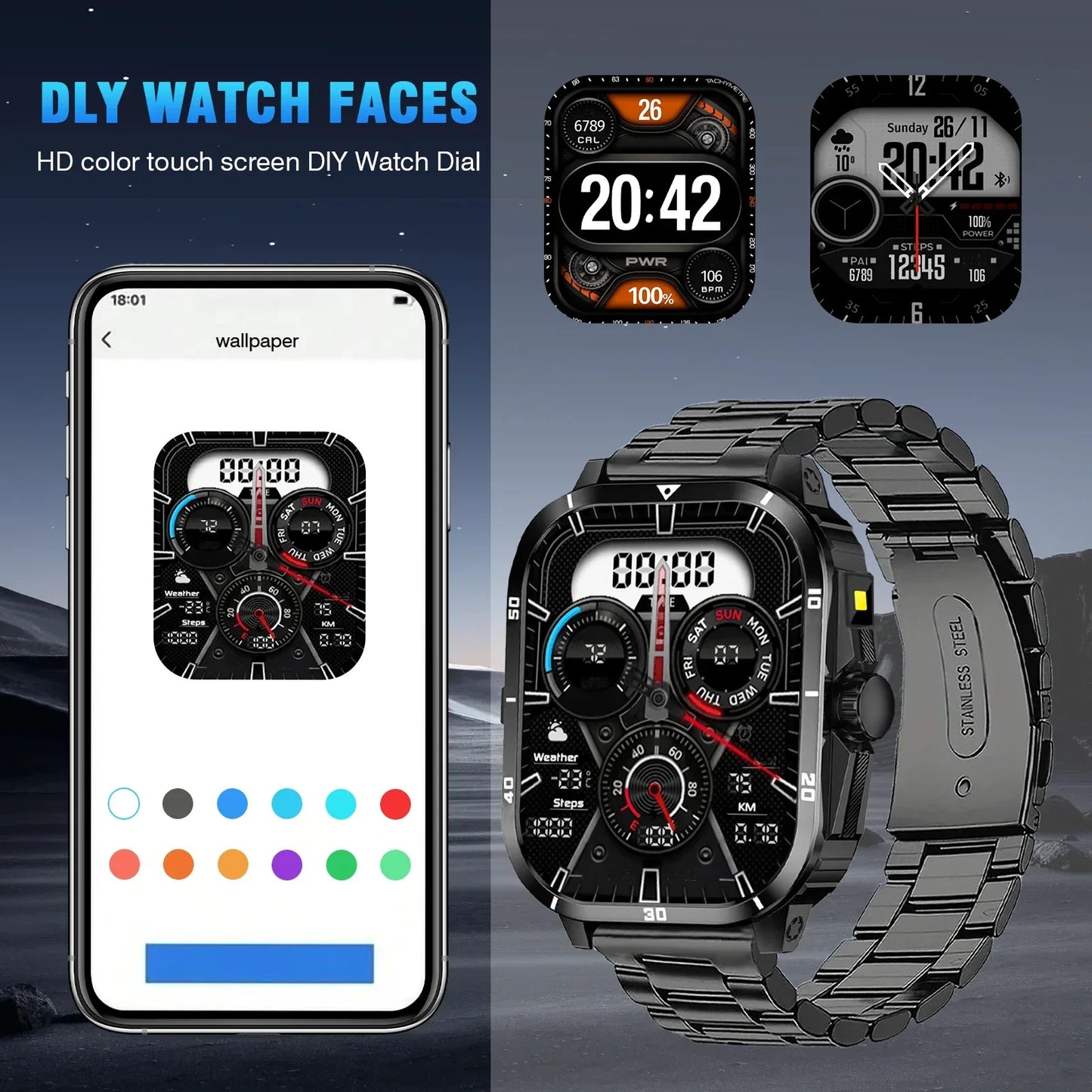 Smart watch, full touchscreen sports watch, Bluetooth calling, with flashlight, unisex, compatible with Android and iPhone. - Wear444