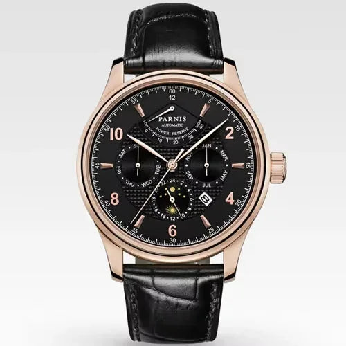 Parnis Moon Phase leather strap detail — Wear444