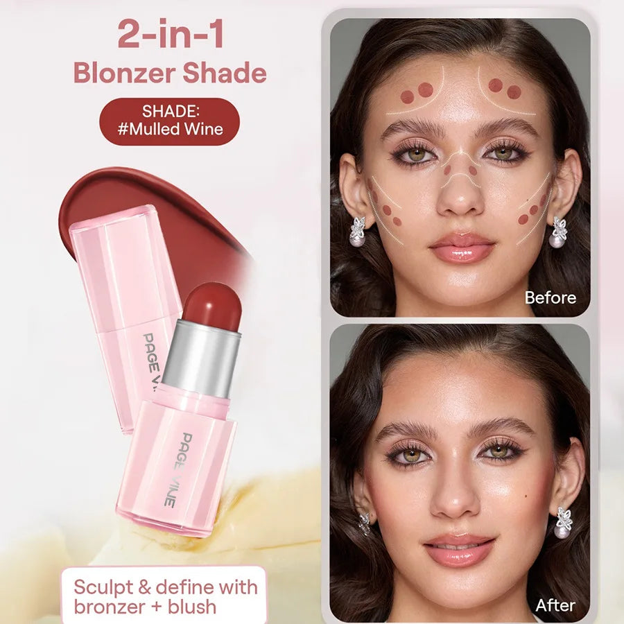 Page Vine Buttery Bliss Glow Blush Stick Bronzer Rouge 2-in-1 Natural Nude Shimmer Blusher Cream Brighten Flush Hydrated Makeup