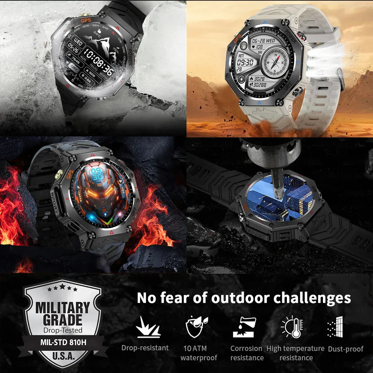 Military Smart Watch T-Rex 3 Bulit-in GPS Compass Altimeter Barometric 10ATM IP69K Waterproof AMOLED Bluetooth Call Smart watch - Wear444