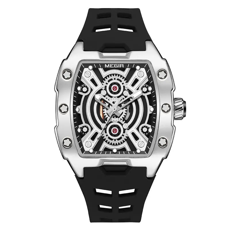 MEGIR Fashion Sport Quartz Watch for Men Tonneau Case Waterproof Luminous Hands Wristwatch with Silicone Strap Hollowed-out Dial