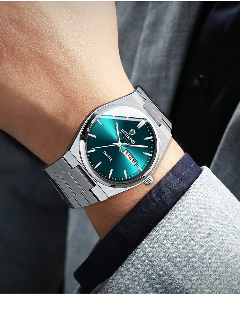 BINBOND Top Brand Luxury Men Quartz Watches Original Watch for Man Waterproof Luminous Date Week Stainless Steel Wristwatch Male