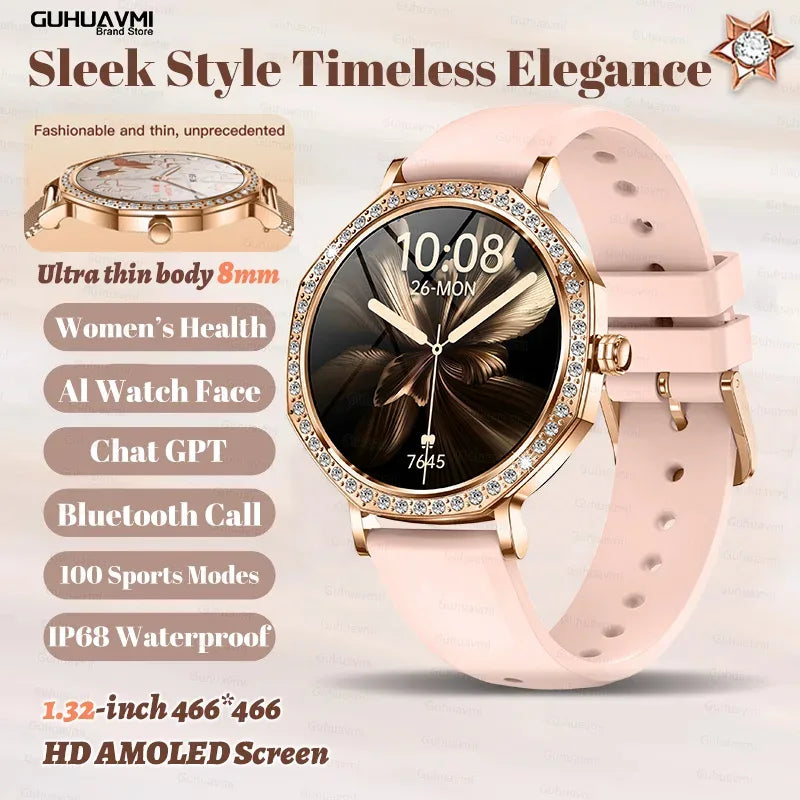 2025 New Ladies' Fashion Smartwatch Diamond Frame HD AMOLED Screen Bluetooth Call Health Monitoring Waterproof Smart Watch Gift - Wear444
