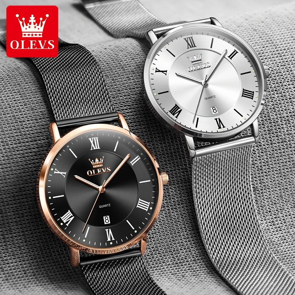 OLEVS Casual Fashion Business Quartz Watches for Men Top Brand Original Stainless Steel Mesh Belt Waterproof Calendar Men Watch