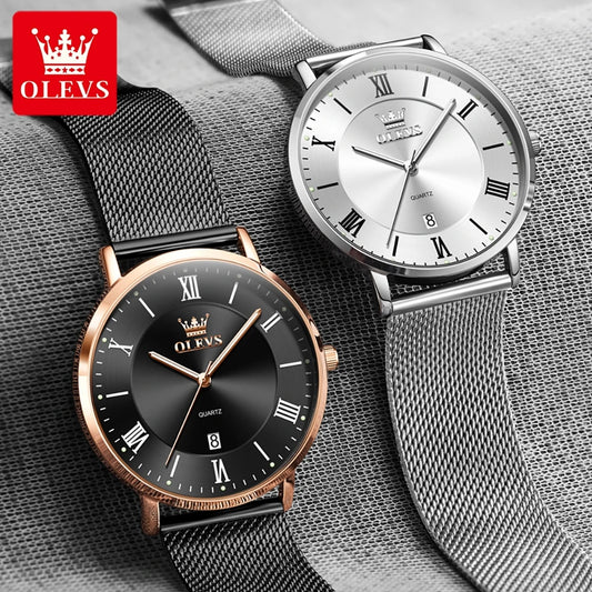 OLEVS Casual Fashion Business Quartz Watches for Men Top Brand Original Stainless Steel Mesh Belt Waterproof Calendar Men Watch