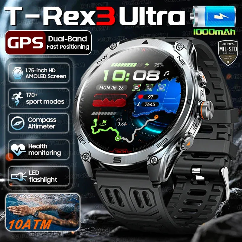 2025 New Military T-Rex 3 Ultra GPS Smart Watch 1000mAh Battery 10ATM Waterproof Compass Flashlight Sports trackr Smartwatch Men - Wear444