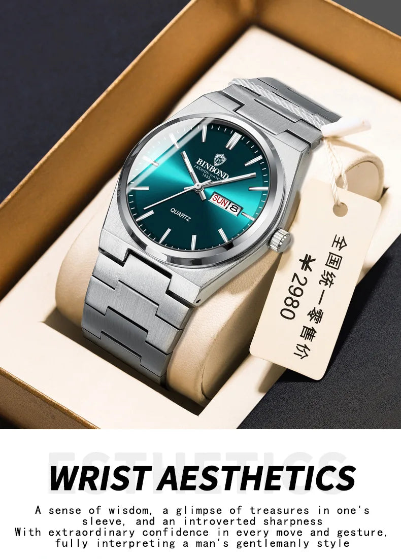 BINBOND Top Brand Luxury Men Quartz Watches Original Watch for Man Waterproof Luminous Date Week Stainless Steel Wristwatch Male