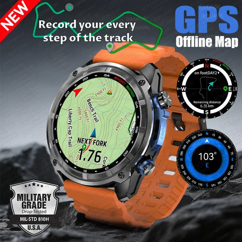2025 New T-Rex Tactical Smartwatch Built-in GPS Offline Map 4GB Memory 5ATM IP69K Swimming Waterproof Men Militray Smart Bracele - Wear444