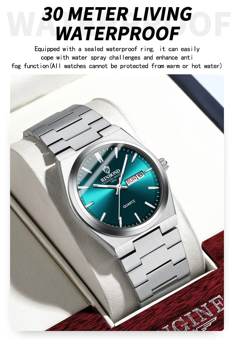 BINBOND Top Brand Luxury Men Quartz Watches Original Watch for Man Waterproof Luminous Date Week Stainless Steel Wristwatch Male