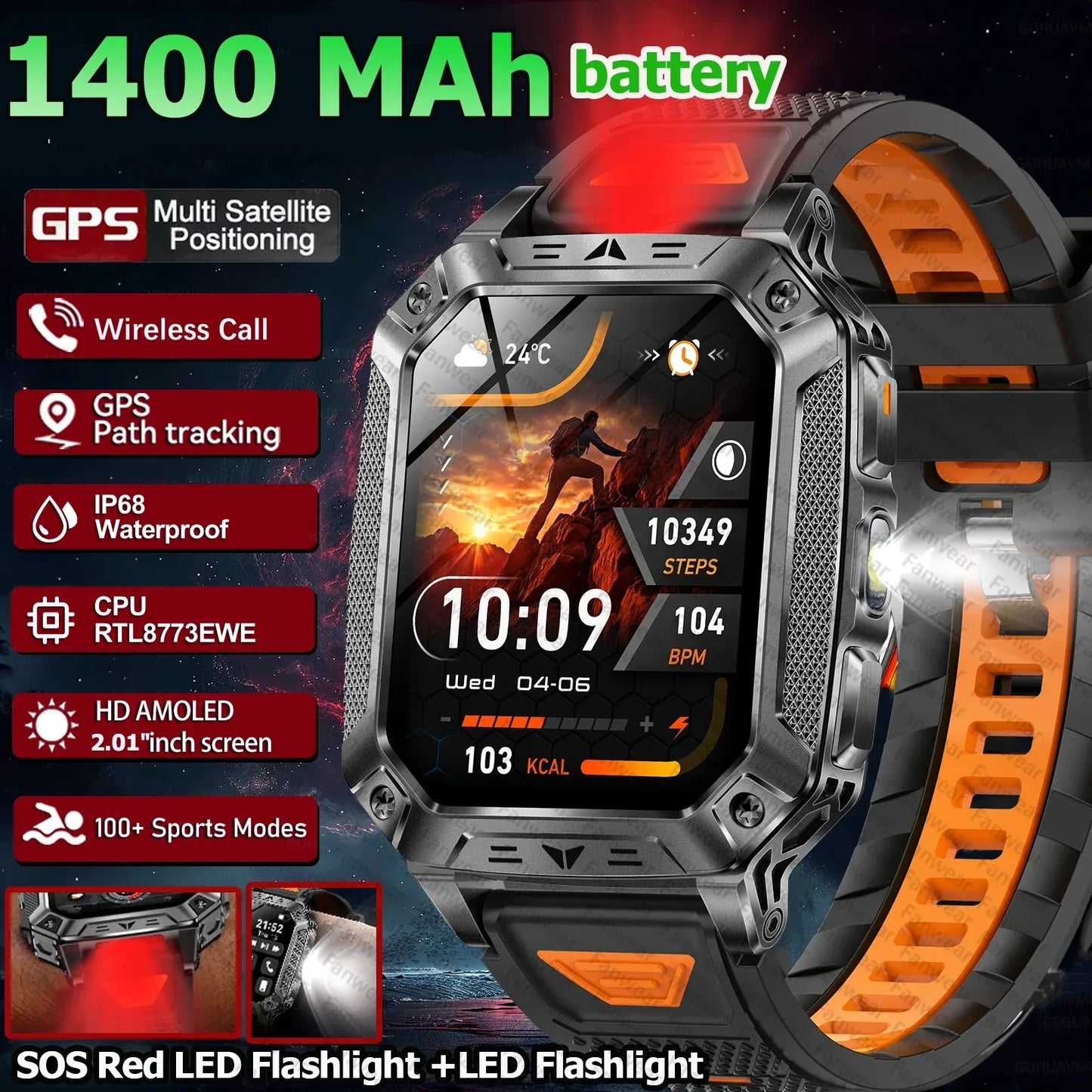 Robust military smart watch 1400Mah battery fitness tracking 10ATM waterproof tactical sports flashlight men's phone watch - Wear444