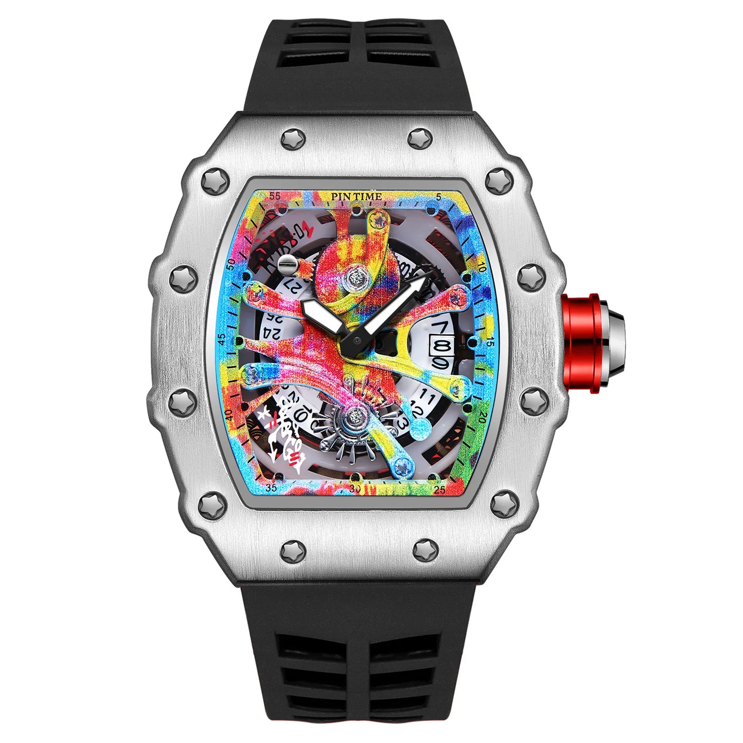 Fashion Mechanical Man Watches Classic Colorful RM Desgin Automatic Visable Wristwatch Causal Men Watch Rubber Strap Belt
