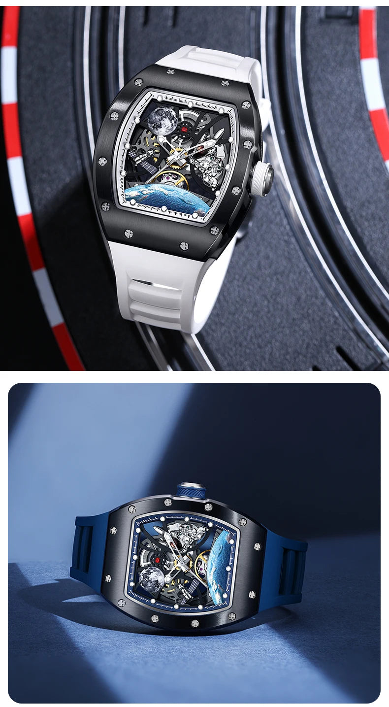 Men's Automatic Watches for Men Fashion Tonneau Mechanical Clock Earth Dial Waterproof Luxury Luminous Skeleton Mens WristWatch