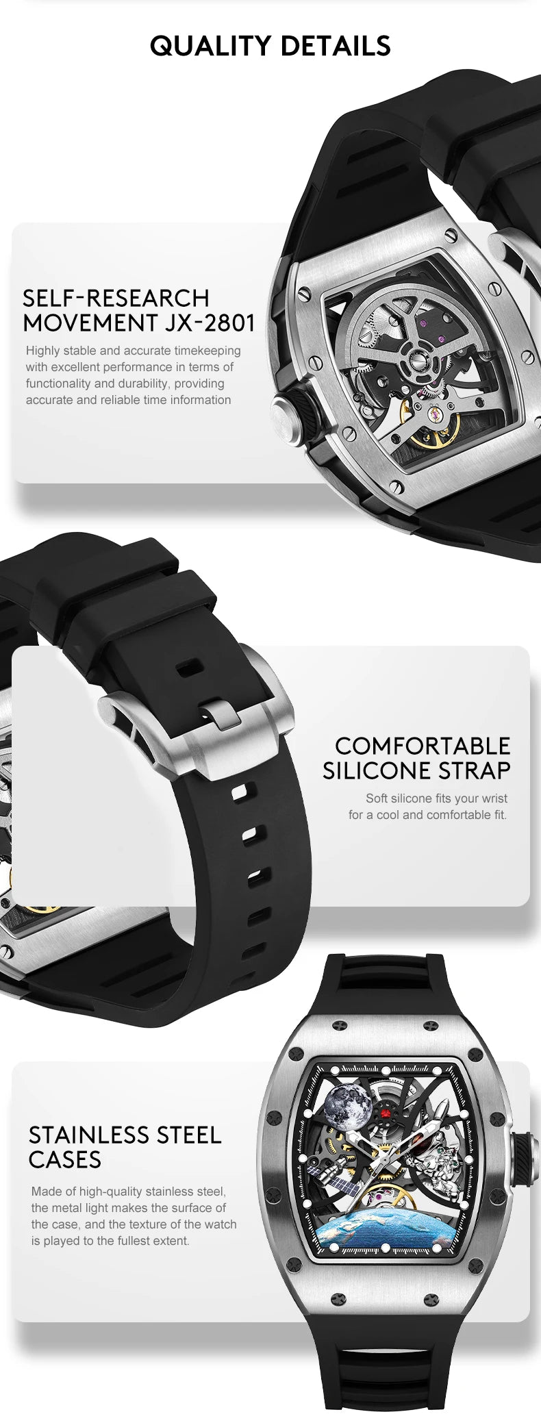 Men's Automatic Watches for Men Fashion Tonneau Mechanical Clock Earth Dial Waterproof Luxury Luminous Skeleton Mens WristWatch