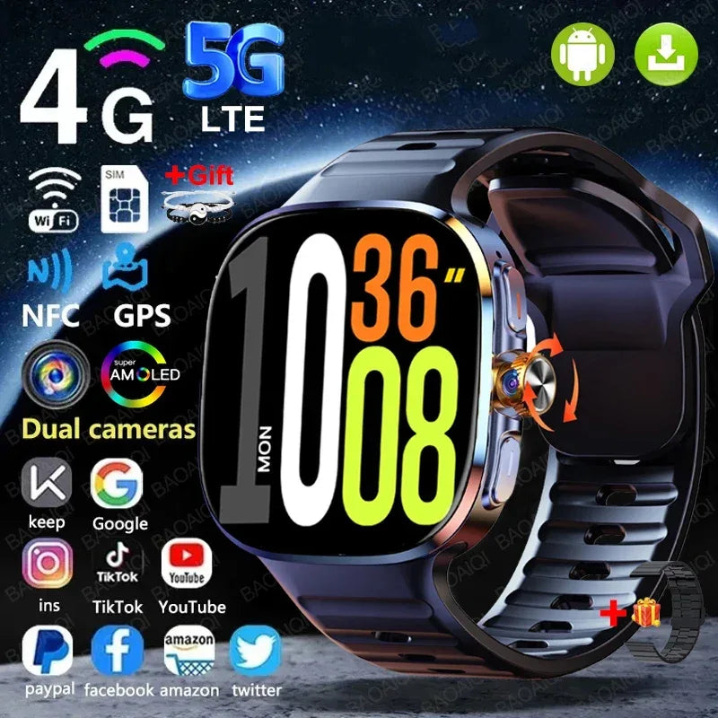 5G/4G Full Network Smart Watch 720*720 AMOLED Screen 16GB+256GB RAM Video Call 900W Camera GPS WIFI Google 2100 mAh Smartwatch - Wear444