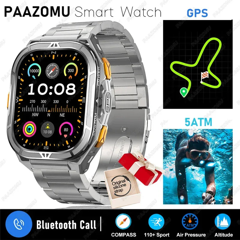 2025 New GPS Smart Watch Men 1.96-inch HD AMOLED Screen Compass Bluetooth Call 5ATM Waterproof Sport Smart Watch for Android iOS - Wear444