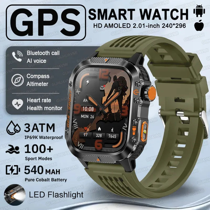 2025 New GPS Military Outdoor Sports Smart Watch Men 2.01-inch AMOLED 3ATM IP69K Waterproof Compass Call Swim Fitness Smartwatch - Wear444