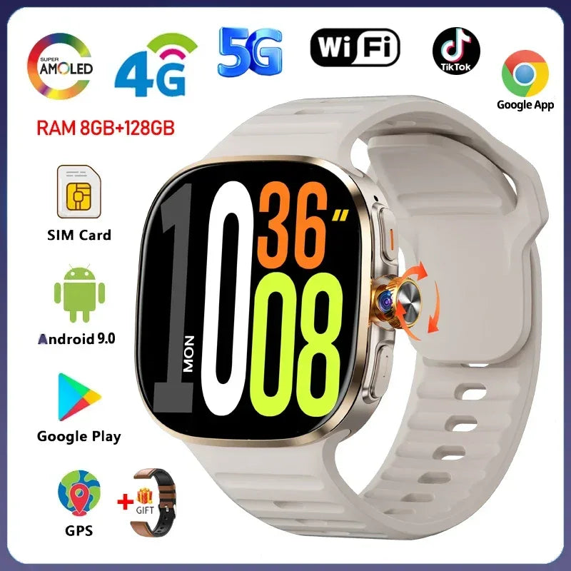 8GB+128GB RAM 5G/4G Smart Watch 2.4 inch AMOLED 2100mah Battery 900W Camera GPS WIFI Google APPS Download Smartwatch Android 10 - Wear444
