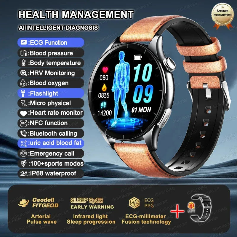2025 New NFC+ECG+PPG Health Smart Watch BMI Fat Heart Rate Blood Pressure Watch 380mAh BT Call IP68 Waterproof Sports Bracelet - Wear444