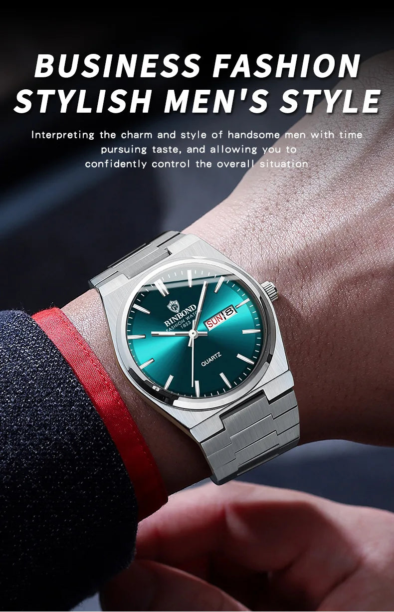 BINBOND Top Brand Luxury Men Quartz Watches Original Watch for Man Waterproof Luminous Date Week Stainless Steel Wristwatch Male