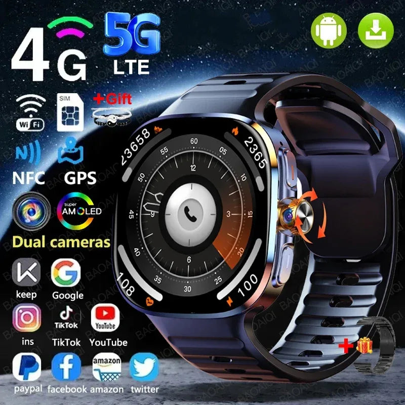 5G/4G Full Network Smart Watch 720*720 AMOLED Screen 16GB+256GB RAM Video Call 900W Camera GPS WIFI Google 2100 mAh Smartwatch - Wear444