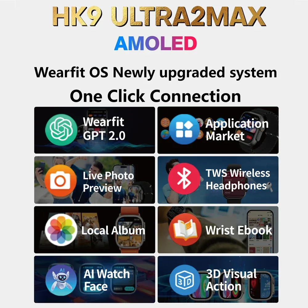 HK9 Ultra 2 MAX Gen4 AMOLED Screen Smart Watch 2GB ROM ChatGPT Local Music Album E-Book Connect TWS For IOS Android Smartwatch - Wear444