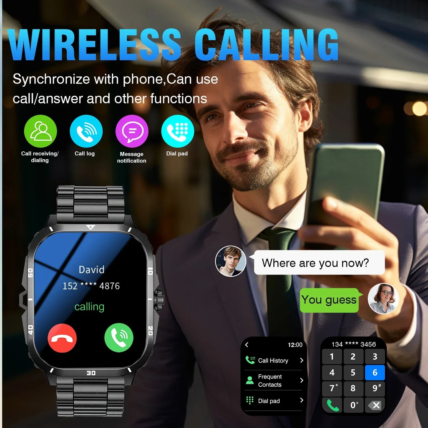 Smart watch, full touchscreen sports watch, Bluetooth calling, with flashlight, unisex, compatible with Android and iPhone. - Wear444